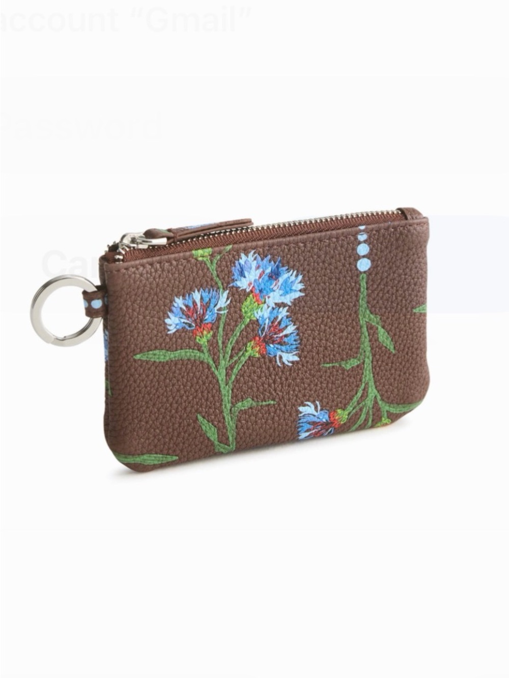 Vera Bradley Bachelor Button Dot Brown Blue Floral Zip ID Case Keychain